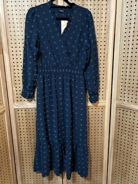 Long Sleeve Navy Blue Swiss Dot Midi Dress